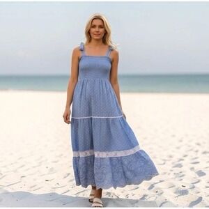 Shabby Chic Blue Striped Swiss Dot Eyelet Lace Midi Dress Size 12 NEW #13